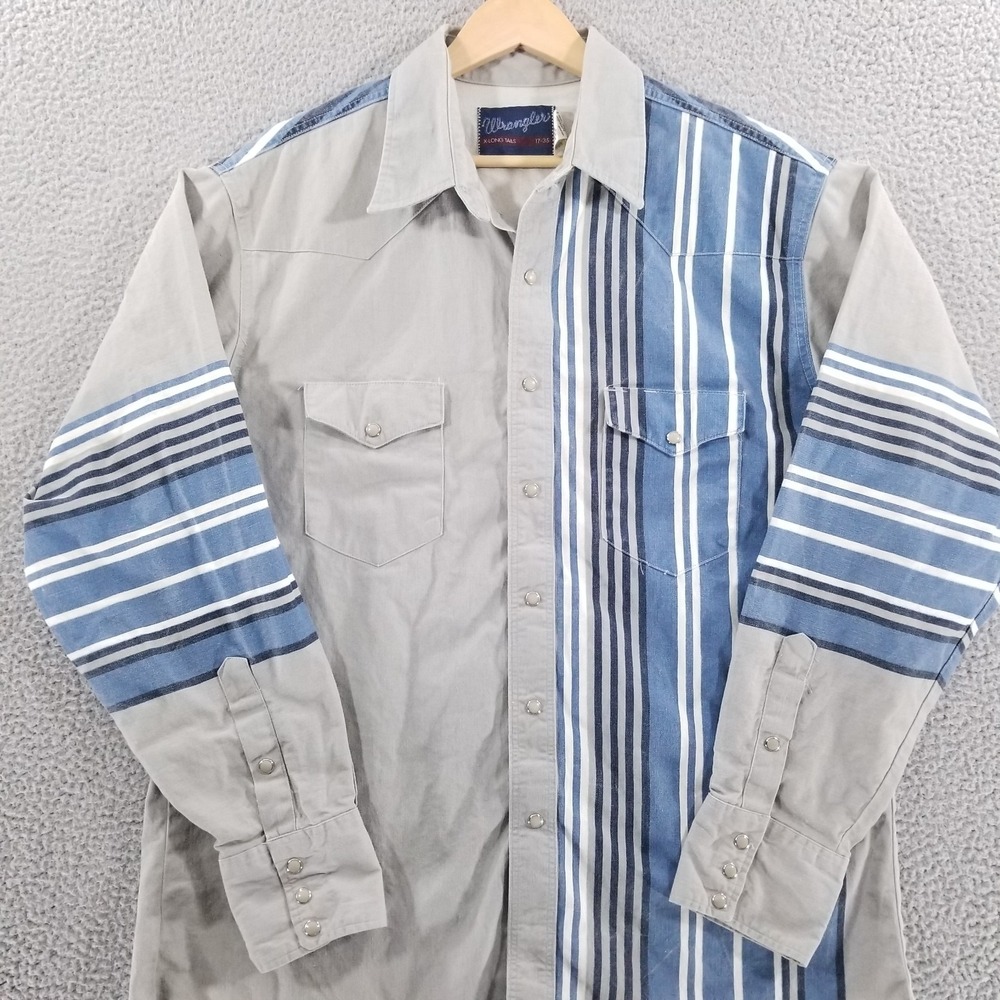 Vtg Wrangler Pearl Snap Shirt Mens 17 XL Gray Blue Brushpopper Western Striped